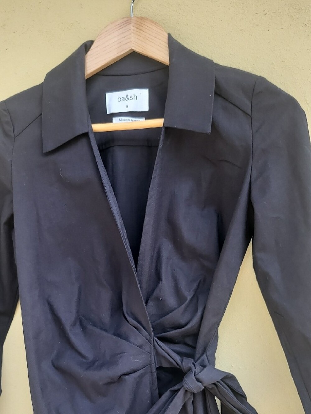 ba&sh Black Cotton Long-Sleeve Wrap Dress with Side Tie - Picture 3 of 14